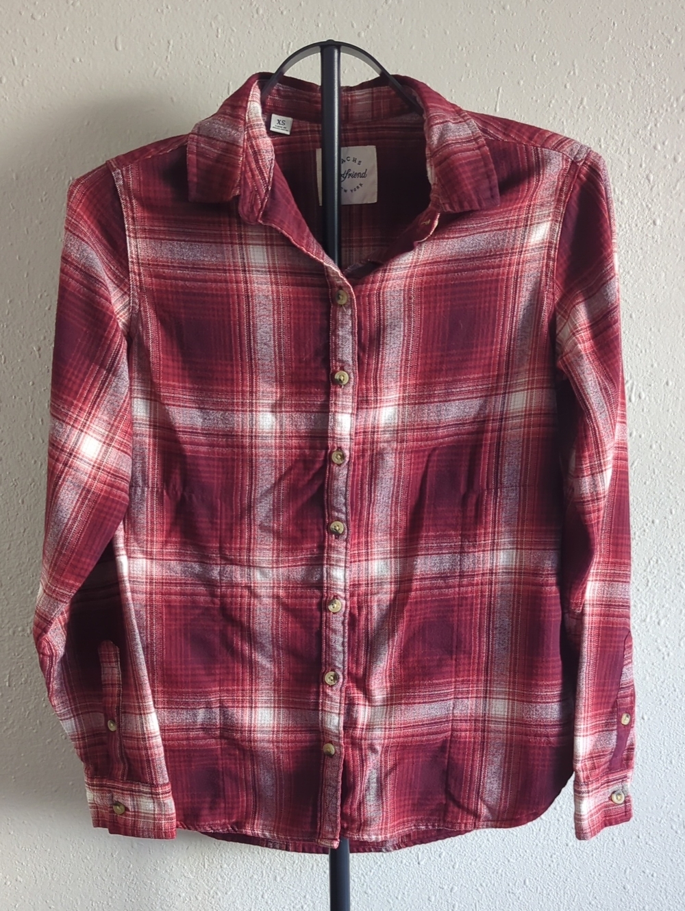 JACHS Girlfriend Red Burgundy Plaid Super Soft Flannel Shirt Pocket XS